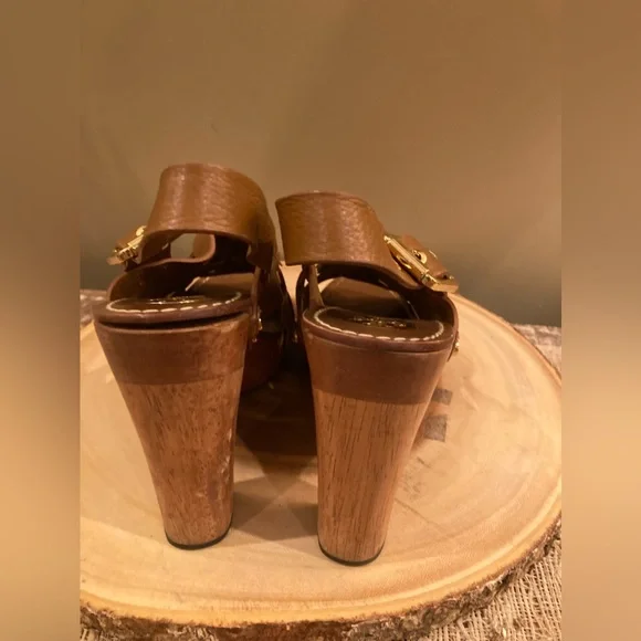 Tory Burch Brown Woven Leather Chunky Wooden Platform Heel Jodie Sandal size 8.5